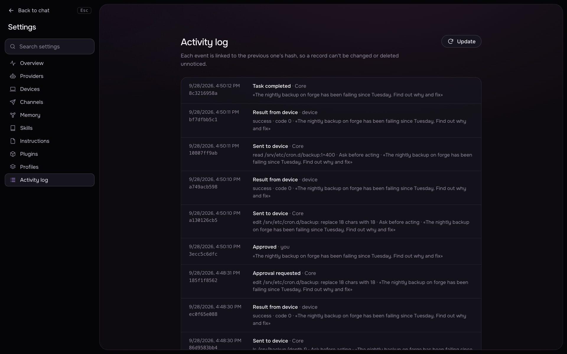 Activity log: every request and result with its hash