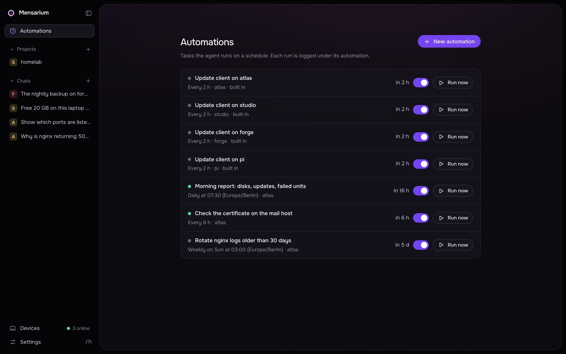Automations: morning report, certificate check, log rotation, built-in client updates
