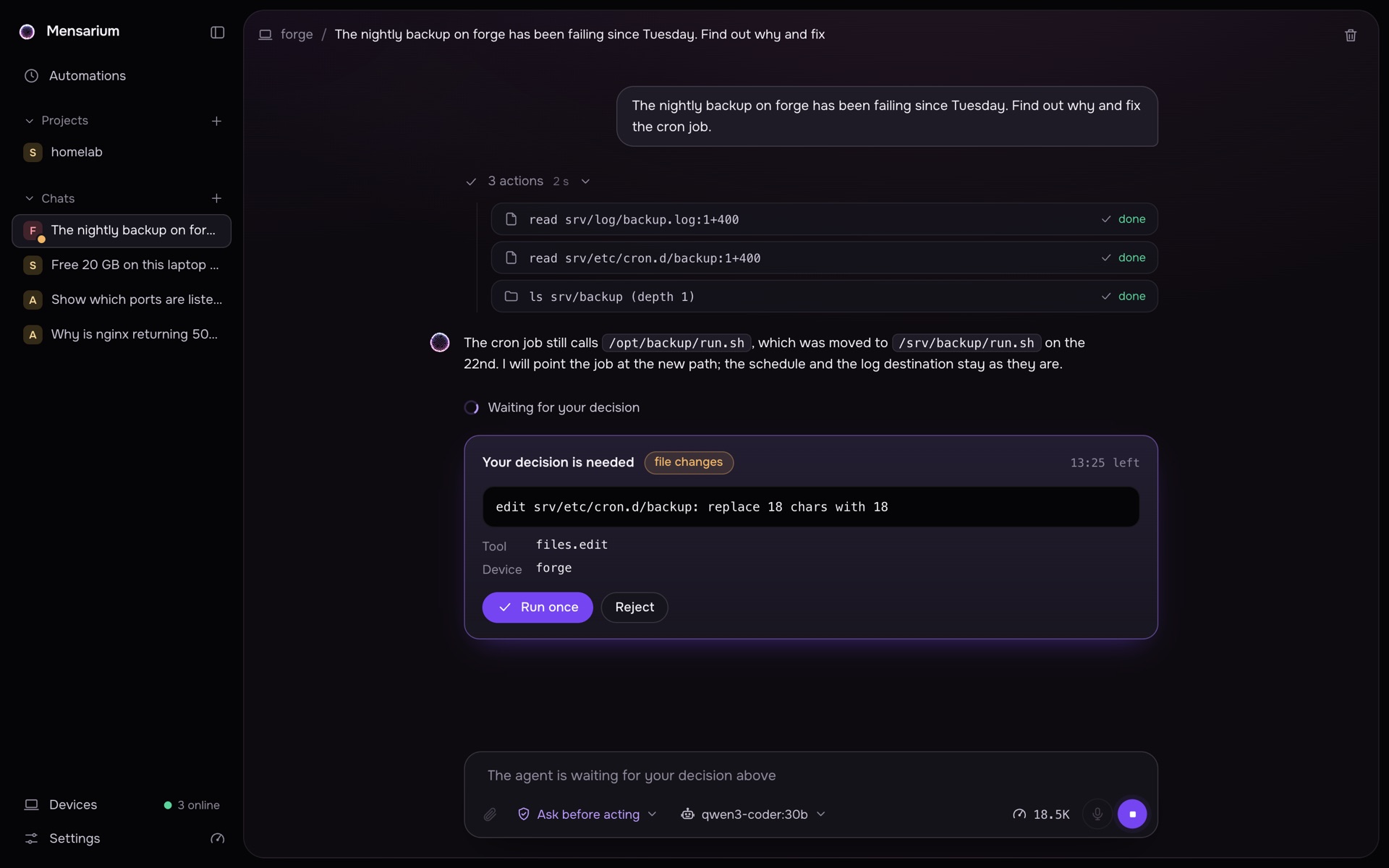 Your decision is needed: files.edit on forge, risk file changes, Run once or Reject