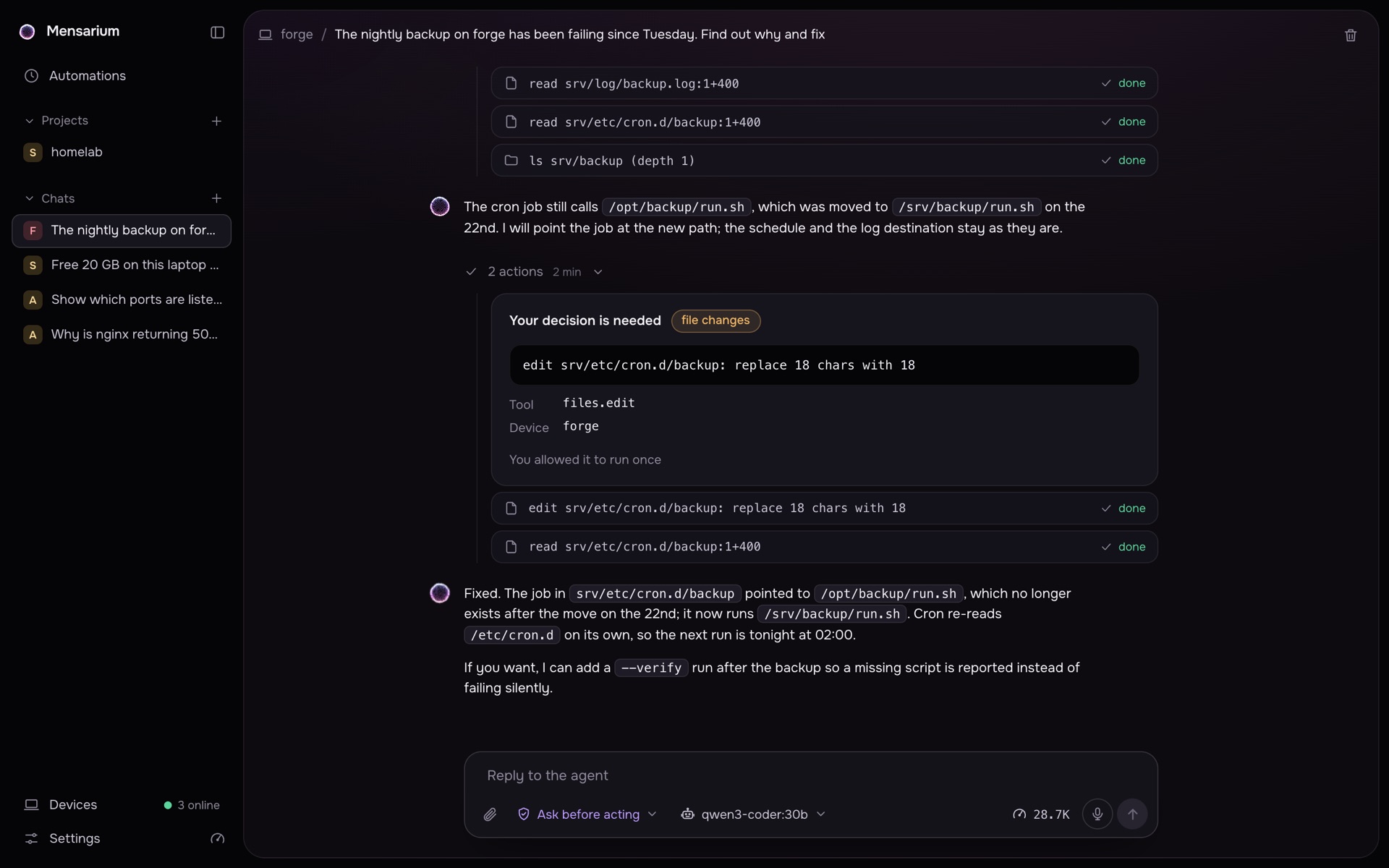 The same chat after the approval: the cron file is fixed and the agent reports the result