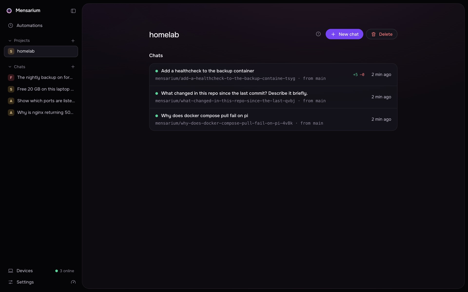 Project homelab: three chats, each on its own mensarium branch